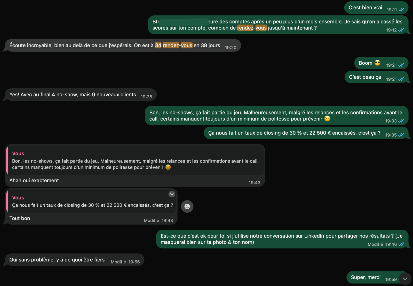 La capture d'écran WhatsApp originale, prénom masqué
